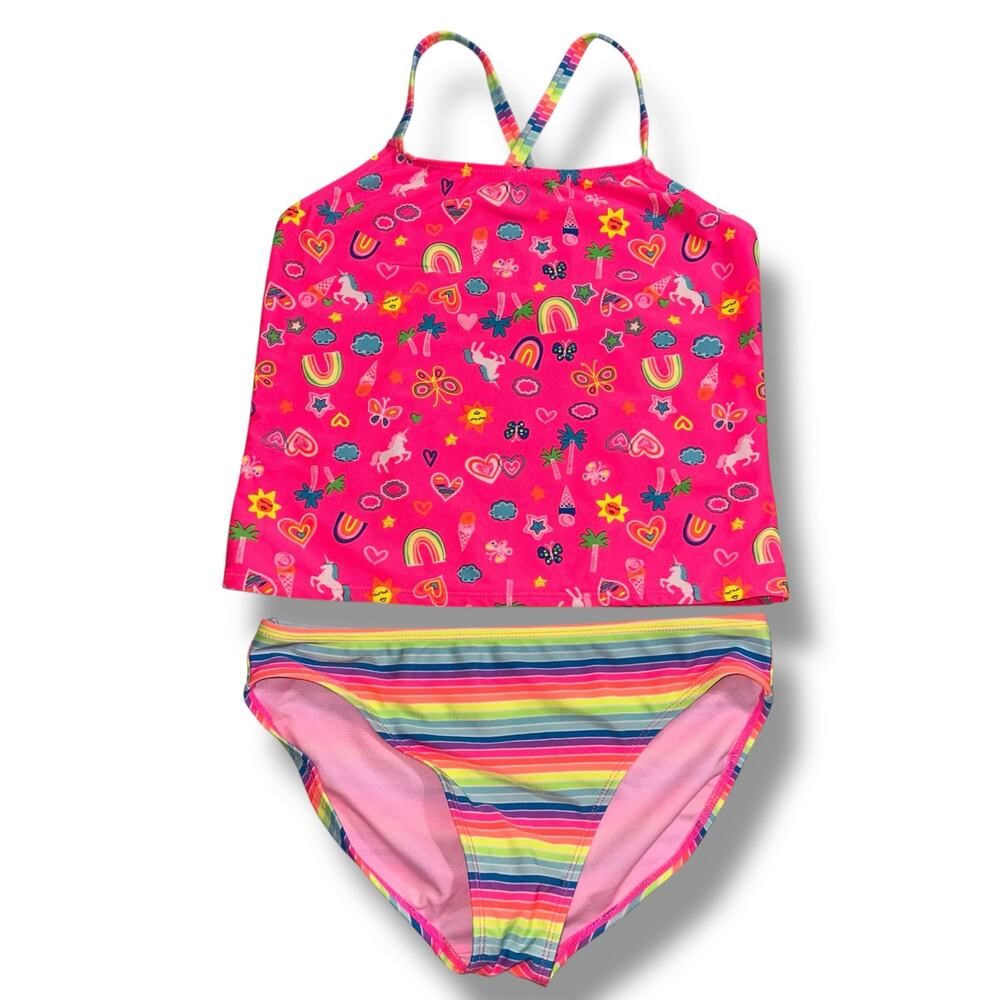 Wonder Nation Girls Tankini Swimsuit 2 Piece Set Rainbow Unicorn Stripes XL